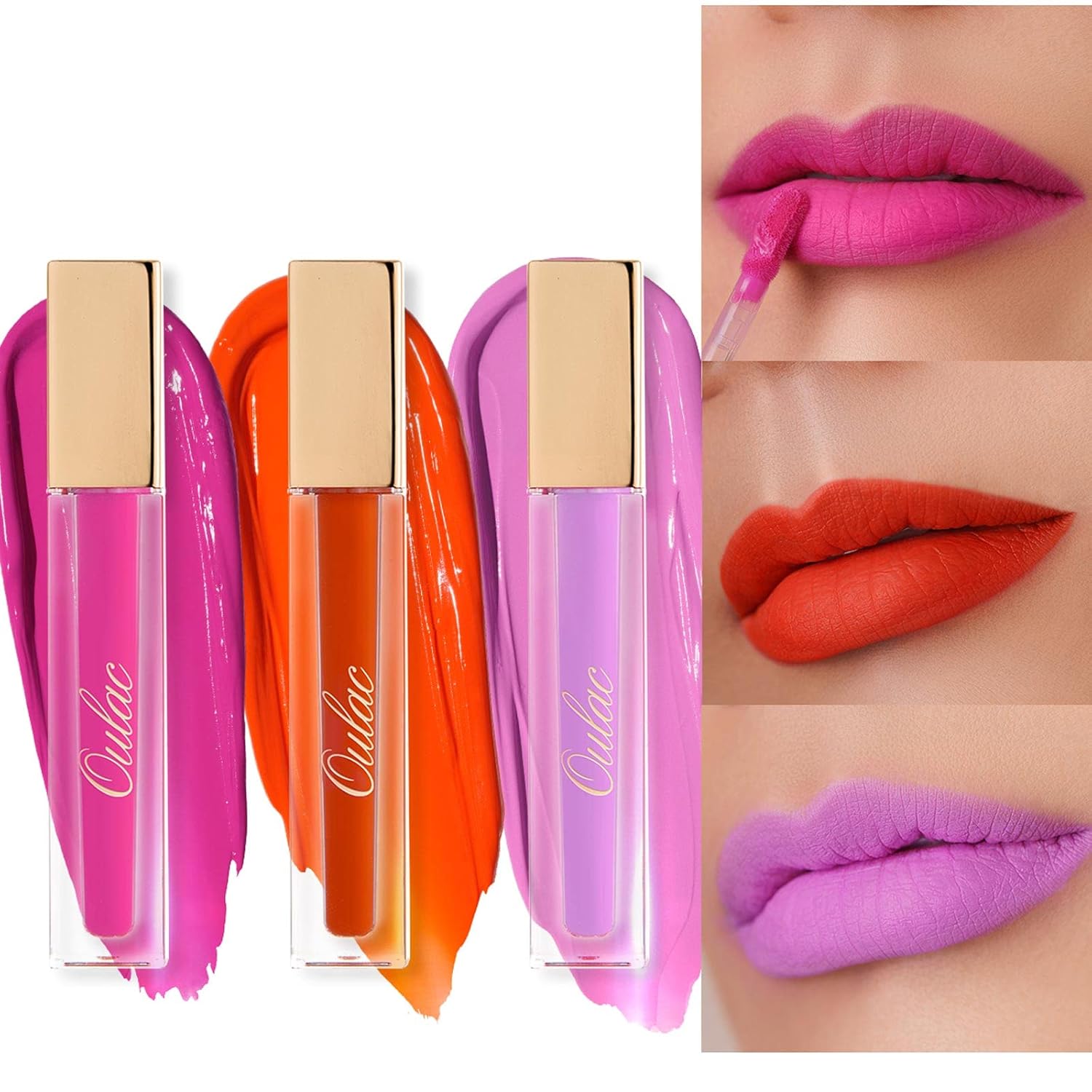 Oulac Pink Matte Lipstick Set for Women，Purple, Orange Lip Stain Long Lasting Waterproof, No Transfer, Creamy High Pigmented Formula with Rose Oil, Vegan & Cruelty-Free (M06+M07+M14)