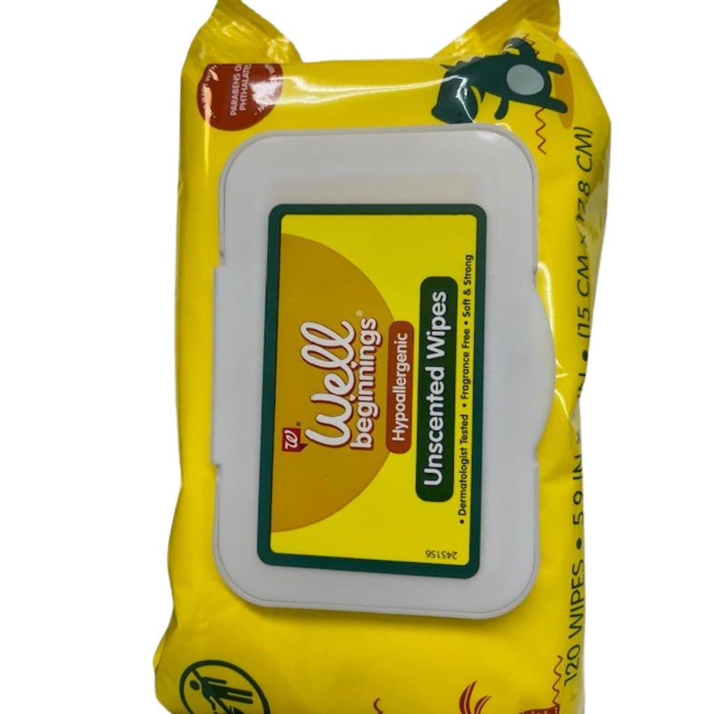 Pack of 5 Well Beginnings Hypoallergenic Unscented Wipes Dermatologist Tested Fragrance Free Soft & Strong, 120 Wipes