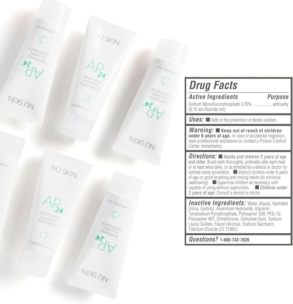 Nu Skin AP 24 Whitening Fluoride Toothpaste | AP 24 Blend | Vanilla Mint Flavor | Brightens Teeth | Removes Surface Stains | Prevents Dental Cavities & Plaque | Enamel-Safe | 4 oz | 2 Pack