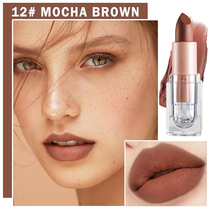 Matte Nude Lipstick Velvet Lip Gloss Non-Fading Non-Sticky Cup Nude Lipstick Matte Lip Stain Long Lasting Waterproof Lipstick for Women Girls Daily Lip Makeup-612 Mocha Brown