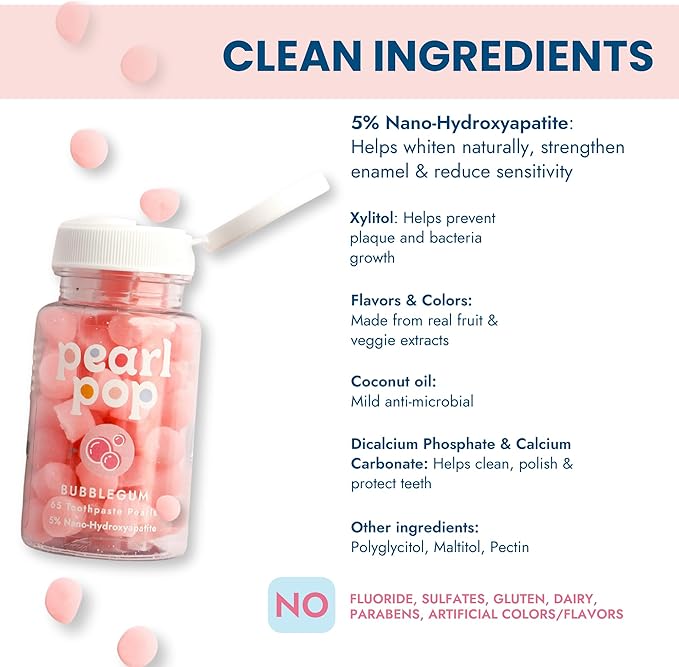 Toothpaste Pearls, Chewy Fluoride Free Toothpaste for Kids, Made with Nano Hydroxyapatite & Xylitol, Foam Free, Mess-Free Travel Tooth Paste, Mint Kiss, 65 Count