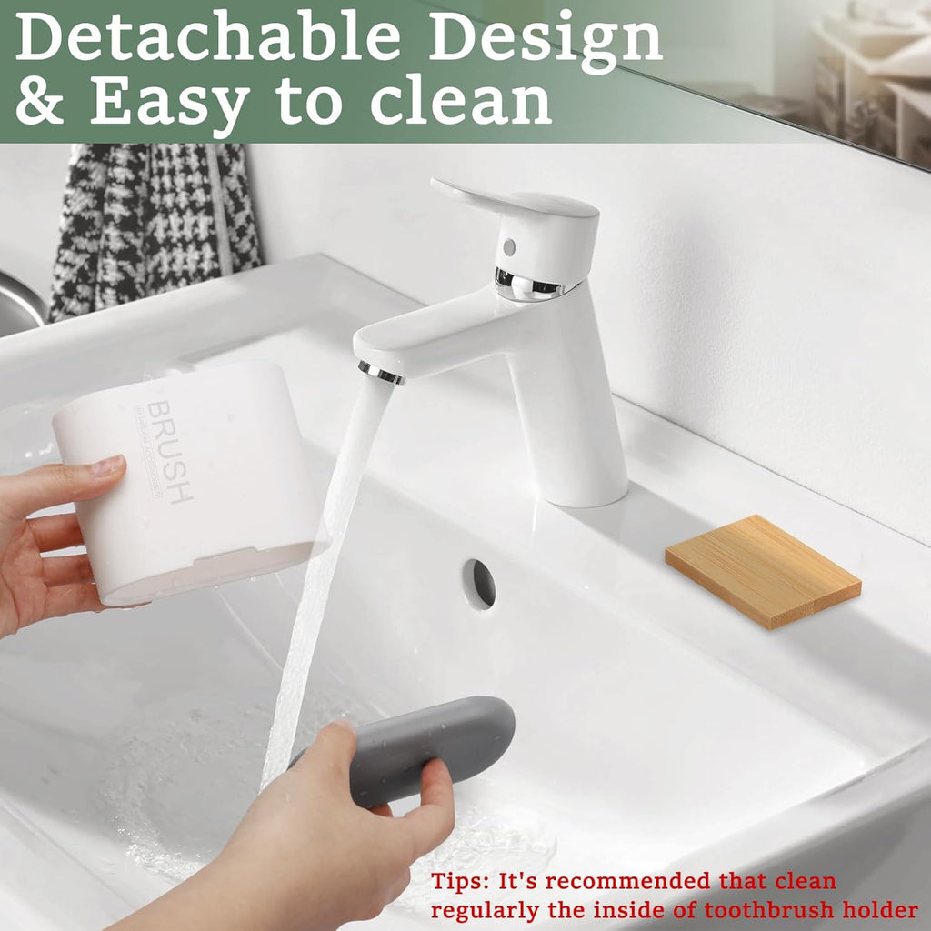 Toothbrush and Toothpaste Holder with Bamboo Divider for Bathroom Countertop Organizer, Detachable for Easy Clean, 2 Slots Electric Toothbrush Holders Storage Caddy Drainage for Family-White