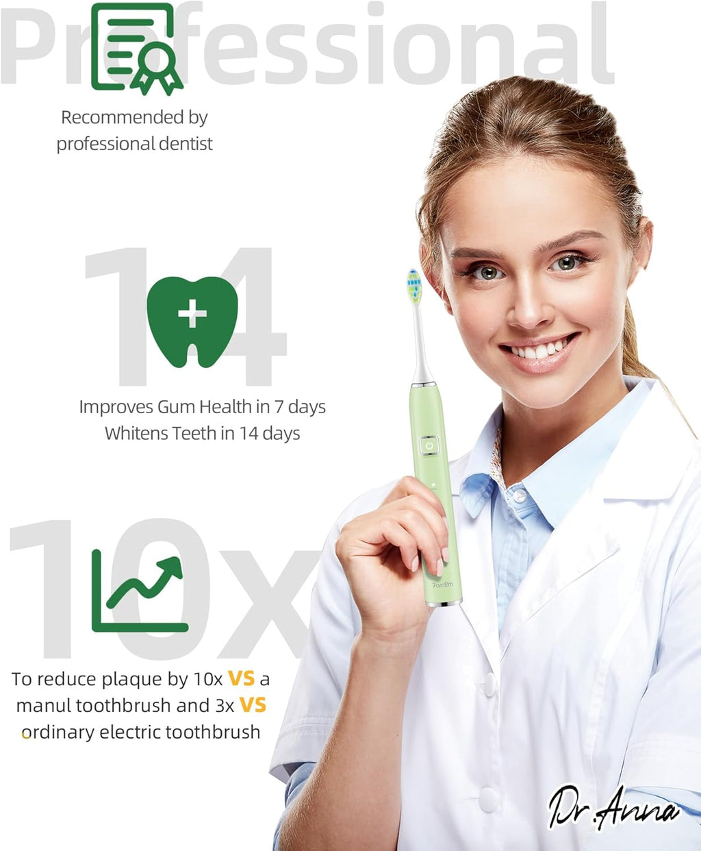 7AM2M Sonic Electric Toothbrush with 6 Brush Heads for Adults and Kids, One Charge for 90 Days, Wireless Fast Charge, 5 Modes with 2 Minutes Built in Smart Timer, Electric Toothbrushes(Green+Black)