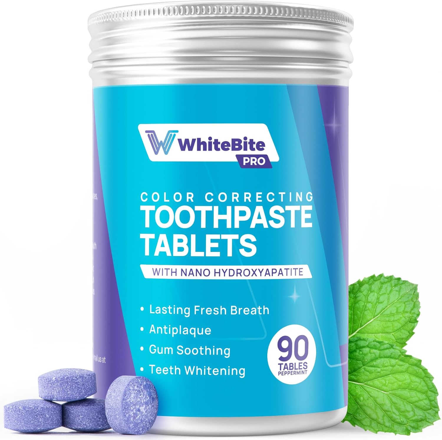 Whitebite Pro Color Correcting Toothpaste Tablets with Nano Hydroxyapatite | Fresh Breath & Natural Whitening | Travel-Friendly Toothpaste & Mouthwash | Fluoride and Plastic-Free (Peppermint)