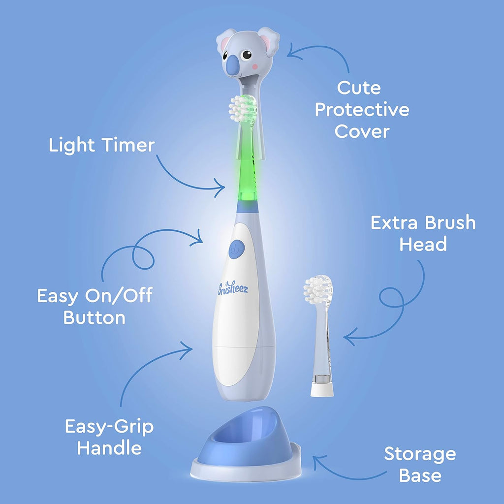 Brusheez Little Toddlers’ Sonic Toothbrush - Safe & Gentle Toothbrush for Ages 1-3 with Built-in, Light-Up 2-Minute Timer, Extra Brush Head, & Storage Base for First-Time Brushers (Kiwi The Koala)
