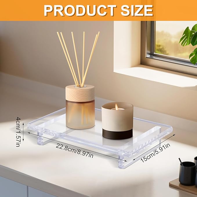 2 Pack Acrylic Soap Dish Tray 9"×5.9"×1.5" – Clear Waterproof Counter-top Organizer for Bathroom, Kitchen, Vanity, Soap, Plants, Candles (Large)