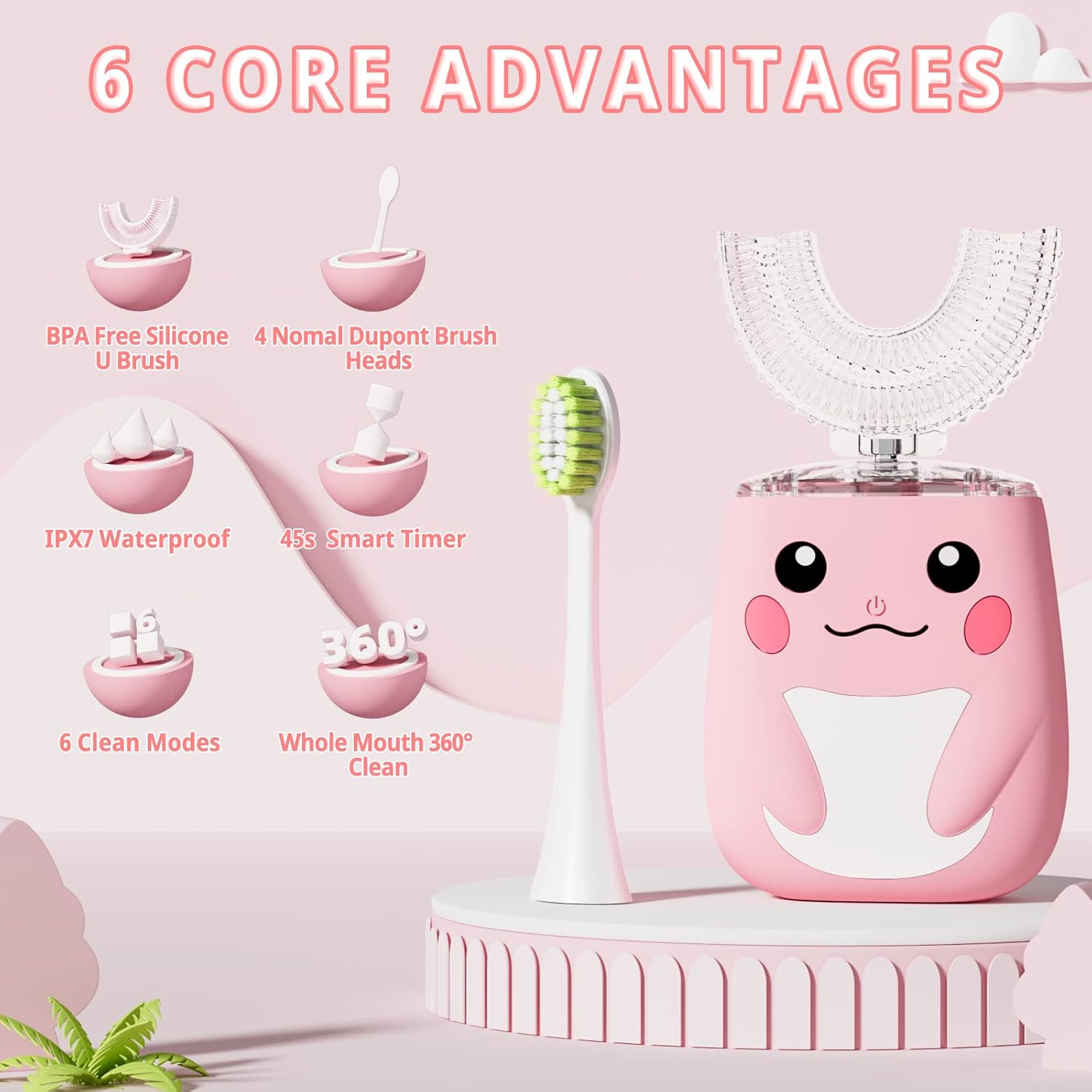 Kids Electric U Shaped Toothbrush Children Rechargeable Sonic Toothbrush with 6 Soft Brush Head Automatic Full Mouth 6 Cleaning Modes -Age2-7 Pink