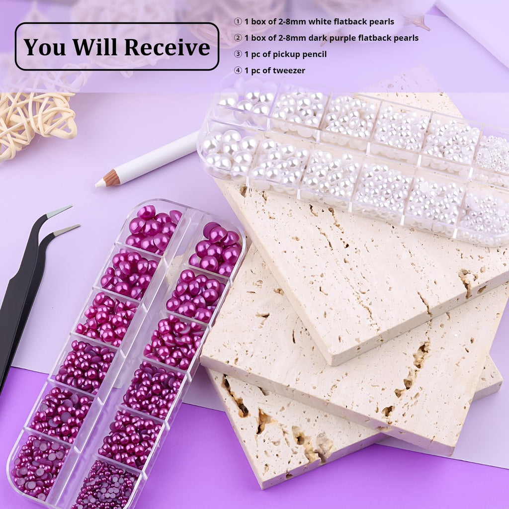 2 Boxes Flat Back Pearls Kit 3 Flatback White&Dark Purple Half Round Pearls 2-8mm with Pickup Pencil and Tweezer for Home DIY and Face Makeup and Craft