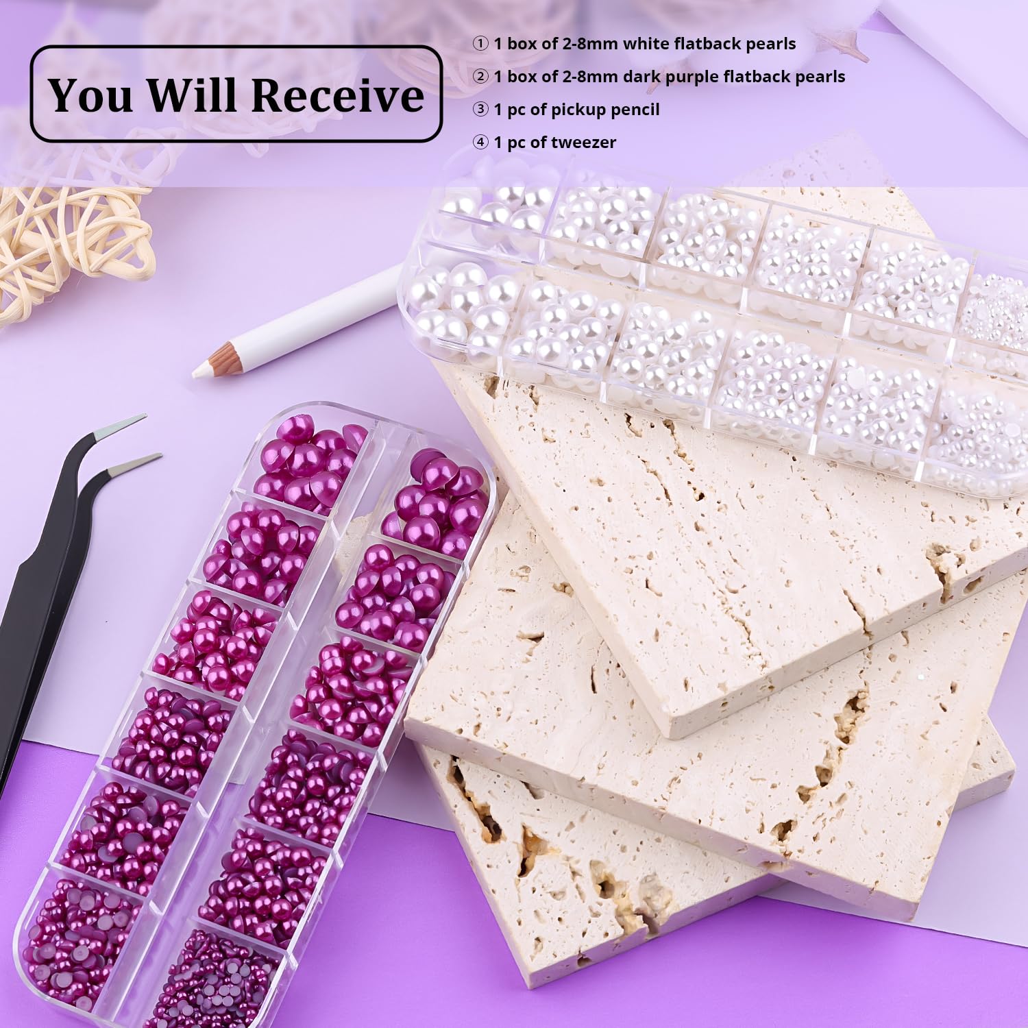 2 Boxes Flat Back Pearls Kit 3 Flatback White&Dark Purple Half Round Pearls 2-8mm with Pickup Pencil and Tweezer for Home DIY and Face Makeup and Craft