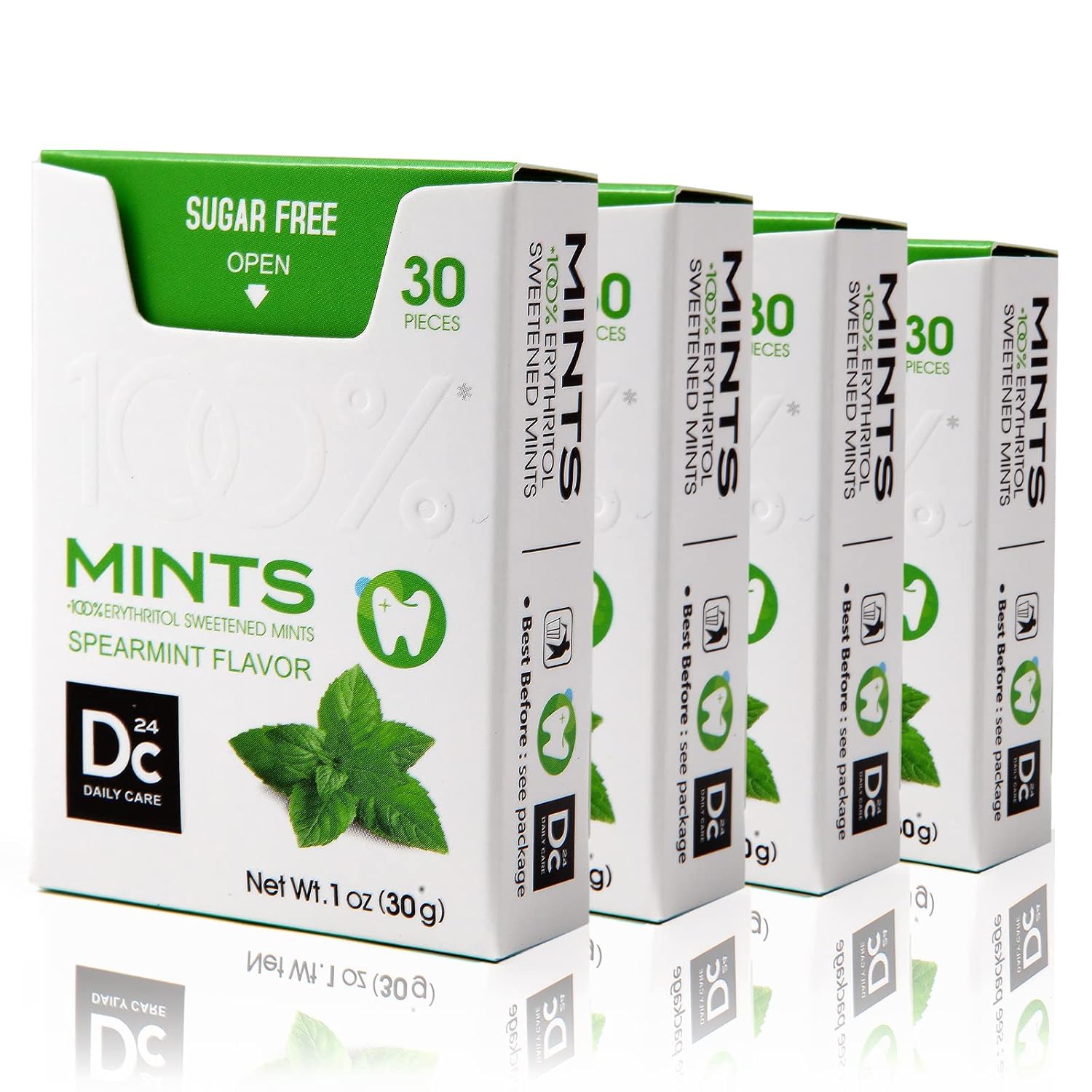 DC24 DAILY CARE 0-Calorie Breath Mints,100% Erythritol, Sugar Free, Natural Spearmint, Gluten Free, 30 Count, Pack of 4