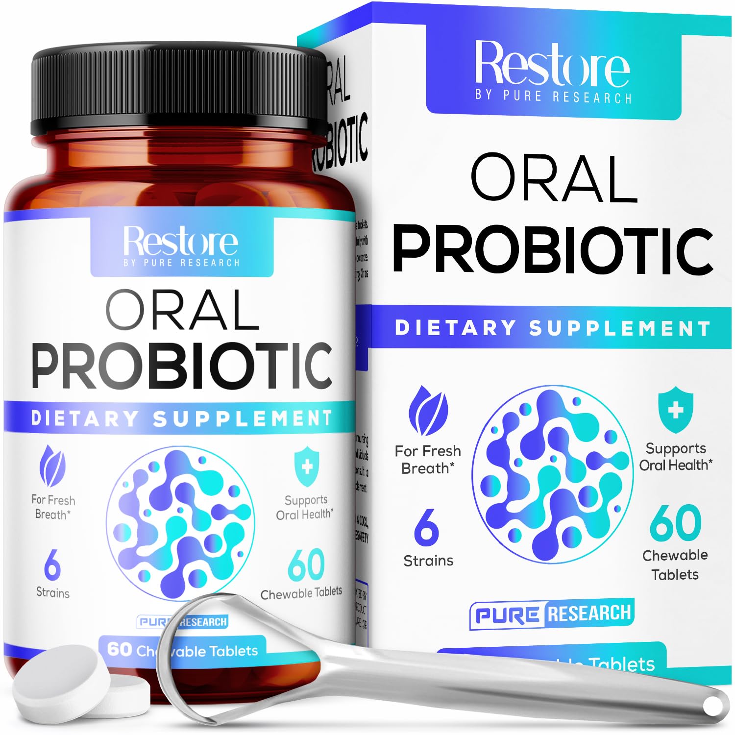 Oral Probiotics & Tongue Scraper for Bad Breath Support - Chewable Dental Probiotic for Teeth & Gums & Fresh Breath - 6 Probiotic Strains - BLIS M18 - Supportive Oral Probiotic - Mint Flavored - 60ct