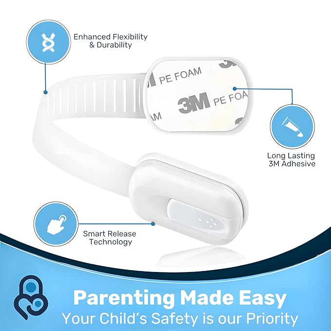 3M Adhesive Child Safety Strap Locks by Baby Proof Me, Baby Latches for Cabinets, Dishwashers, Fridges, Ovens and Trash Cans, Stain Free Toilet Lock (White, 24 Safety Latches)