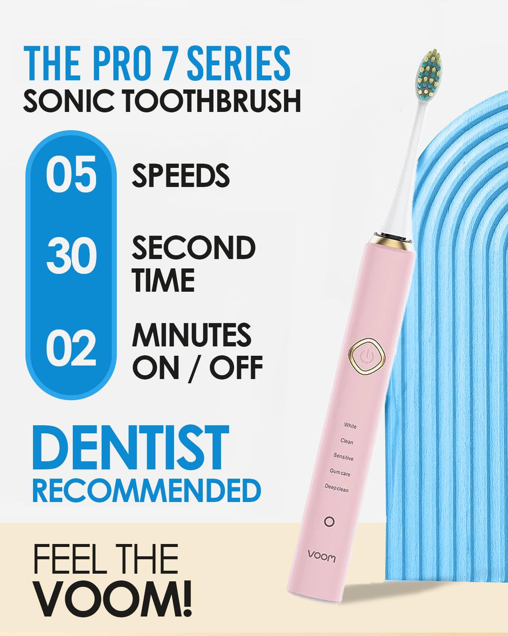 Voom Sonic Pro 7 Series Rechargeable Electronic Toothbrush, Advanced Oral Care Technology, 2-Minute Timer w/Quadrant Pacing, 5 Adjustable Speeds