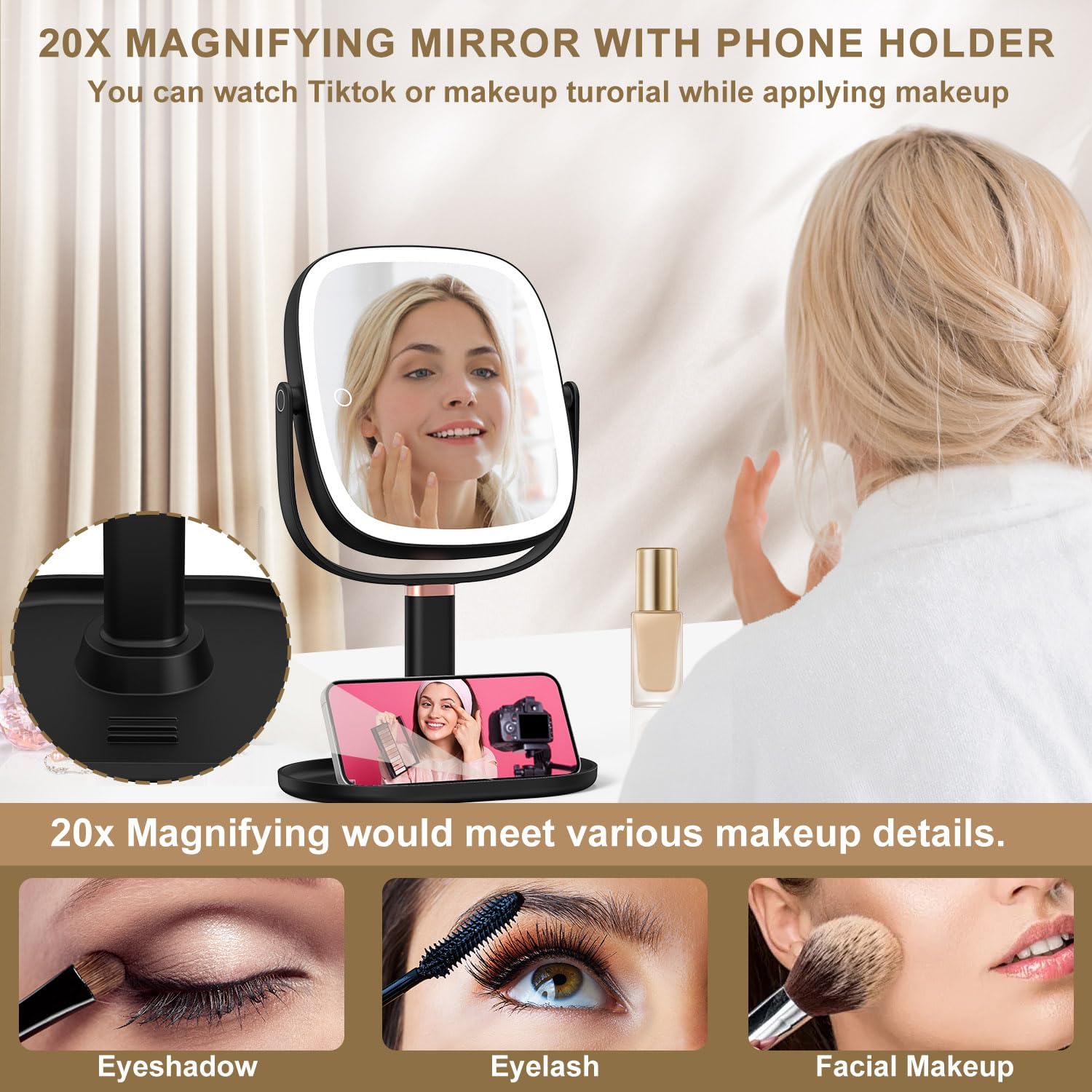 Mocado Makeup Mirror with Lights, 1X/20X Magnifying Mirror with Light, Vanity Mirror with 3 Colors Lights, Height Adjustable Lighted Makeup Mirror, Double Sided 360°Rotation, Memory Function (Black)