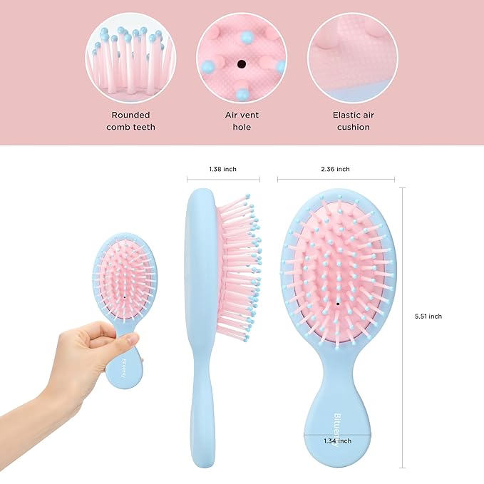 Mini Hair Brush, Detangling Hairbrush for Dry and Wet Hair, Small Size Travel Detangler Brush for Girls Boys Kids Women Men for All Hair Types (Blue)