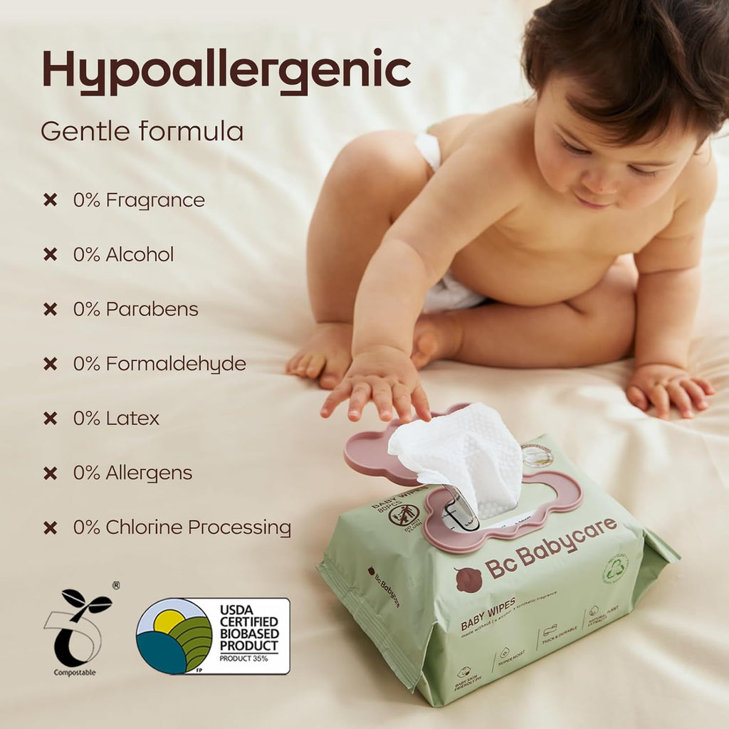 Bc Babycare Cloud Moist Baby Travel Wipes, 6 Pack, On The Go Pocket Size, Ultra Thick, 99% Water, Unscented, Hypoallergenic for Sensitive Skin, Biodegradable