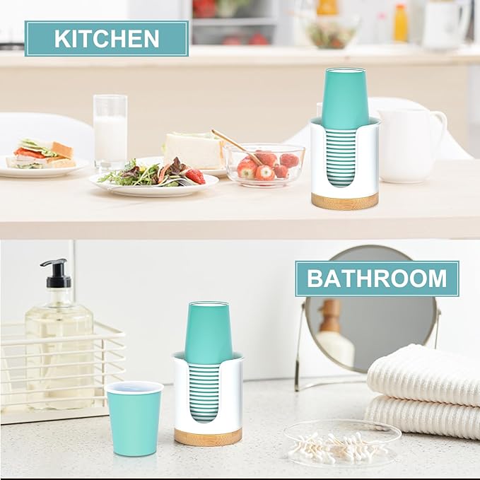 2 Pack Bathroom Cup Dispenser - Small Cup Holder and Mouthwash Cups Holder for 3 Oz Countertop - Convenient Paper Cup Dispenser - Bamboo Wood Base Bathroom Cup Holder（White）