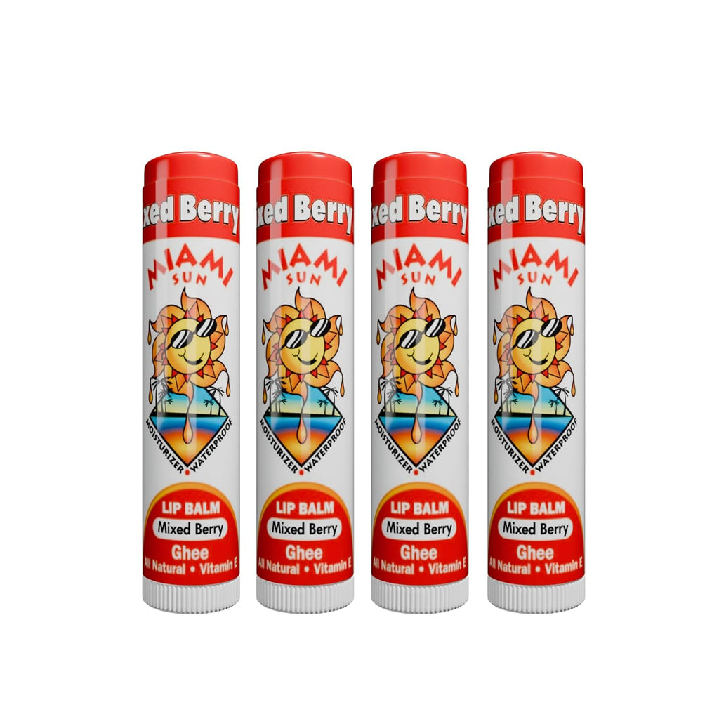 Miami Sun Natural Ghee Lip Balm, Hydrating Lip Treatment with Shea Butter & Beeswax, Organic & Non-Toxic, Best for Dry, Chapped Lips - Moisturizing, Healing, Chemical-Free Care (4 Count, Mixed Berry)