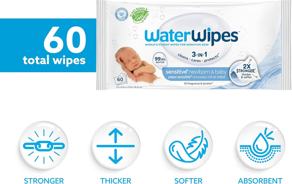 WaterWipes Sensitive+ Newborn & Baby Wipes, 3-In-1 Cleans, Cares, Protects, 99.9% Water, Unscented & Hypoallergenic, 60 Count