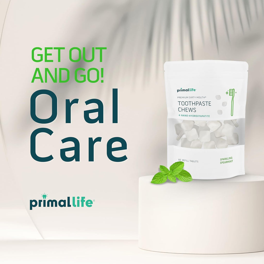Primal Life Organics Premium Dirty Mouth Toothpaste Chews – Nano-Hydroxyapatite Whitening Toothpaste Tablets for Adults - Gluten Free, Vegan, Paleo - 60 Tablets in Bag - Sparkling Spearmint