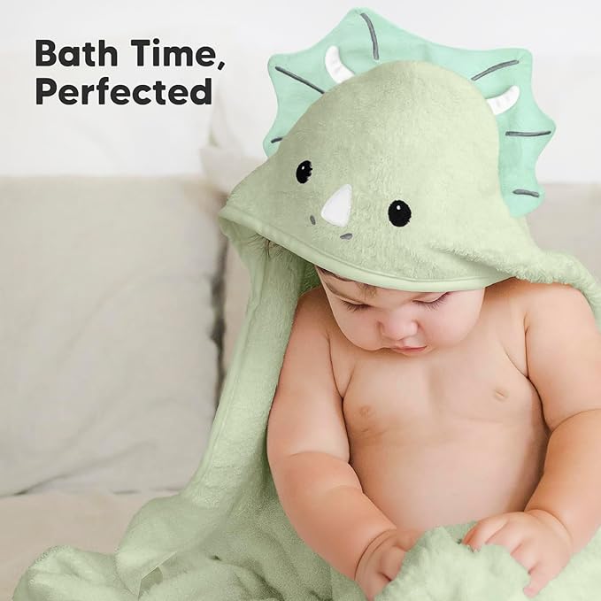 KeaBabies Hooded Baby Towel for Newborn - Viscose Derived from Bamboo Large Baby Bath Towels with Hood for Boys, Girls, Toddler, Extra Absorbent & Soft Newborn Bath Essentials (Triceratops, Regular)