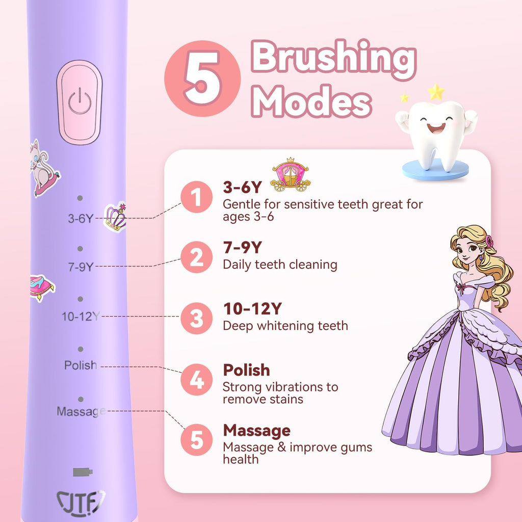 JTF Kids Electric Toothbrush Rechargeable: Sonic Tooth Brush with Smart Timer 5 Brushing Modes 4 Soft Brush Heads IPX7 Waterproof and DIY Sticker, Portable Pink Children Toothbrushes for Girl, Ages 3+