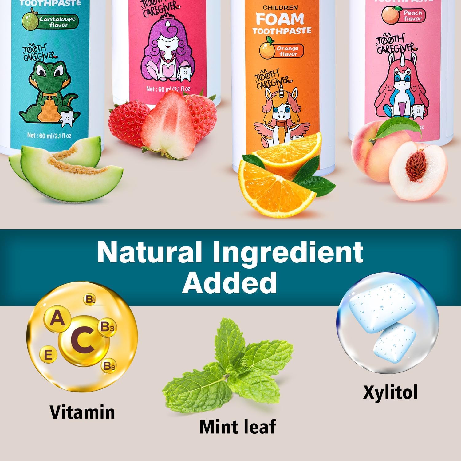 NOHOO Kids Foam Toothpaste with Fruit Flavor,Fluoride Free Natural Formul, Foam Toothpaste for Electric Toothbrush,Suitable for Toddler's Oral Cleaning and Cavity Prevention(Orange+Cantaloupe)