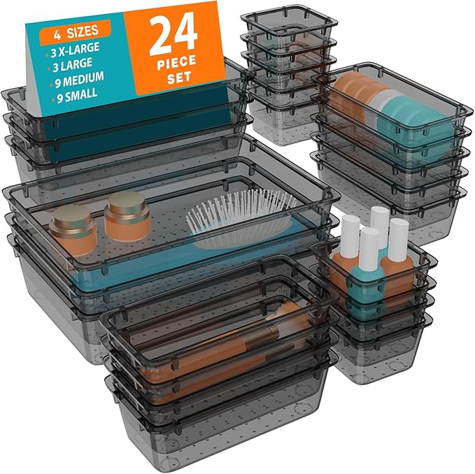 WOWBOX 24 PCS Clear Plastic Drawer Organizer Set, 4 Sizes Desk Drawer Organization and Storage Containers for Makeup, Cosmetics, Jewelry and Gadgets in Kitchen, Bathroom, Bedroom, Office, Clear Black