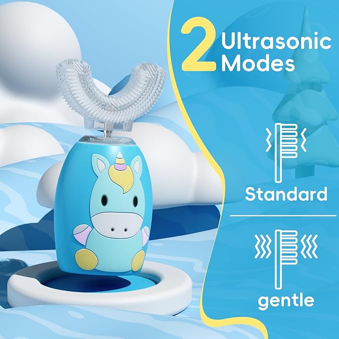 Kids U Shaped Electric Toothbrush 4 Brush Heads, Automatic Sonic Toothbrush Kids 2 Modes, Cartoon Design 360-Degree Cleaning IPX7 Waterproof,Pink