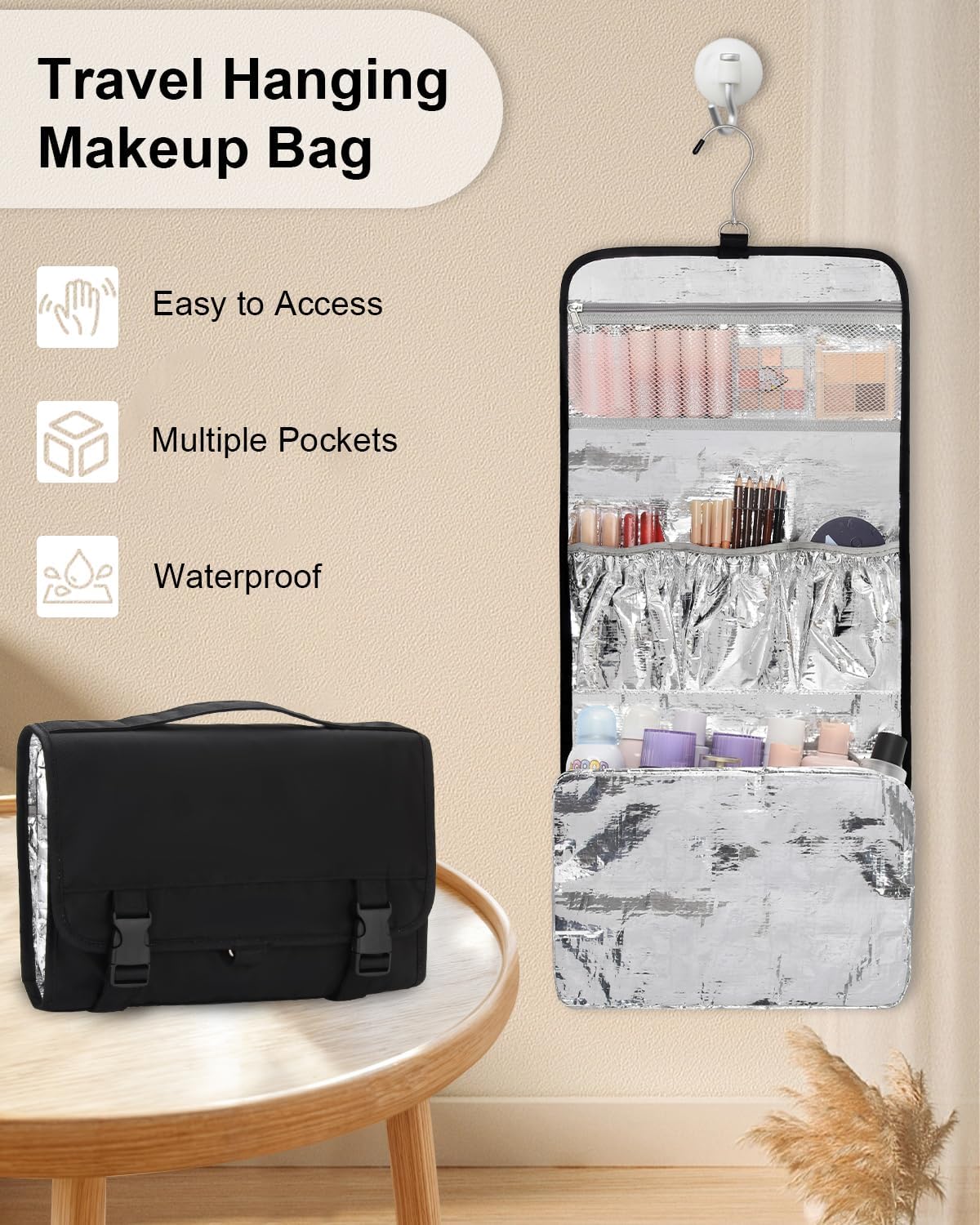 TANTO Travel Makeup Bag, Hanging Makeup Organizer Bag Lightweight Waterproof Large Cosmetic Case Black Toiletry Bag Portable Pouch for Makeup Accessories