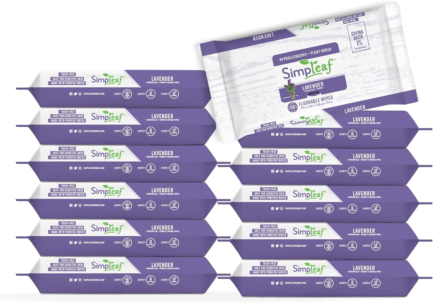 Simpleaf Flushable Wet Wipes Lavender | Plastic Free, Paraben & Alcohol Free | Hypoallergenic & Safe for Sensitive Skin | Soothing Aloe Formula | Adult Toilet Wipes (12 x 50 Counts Pack) 600 Counts