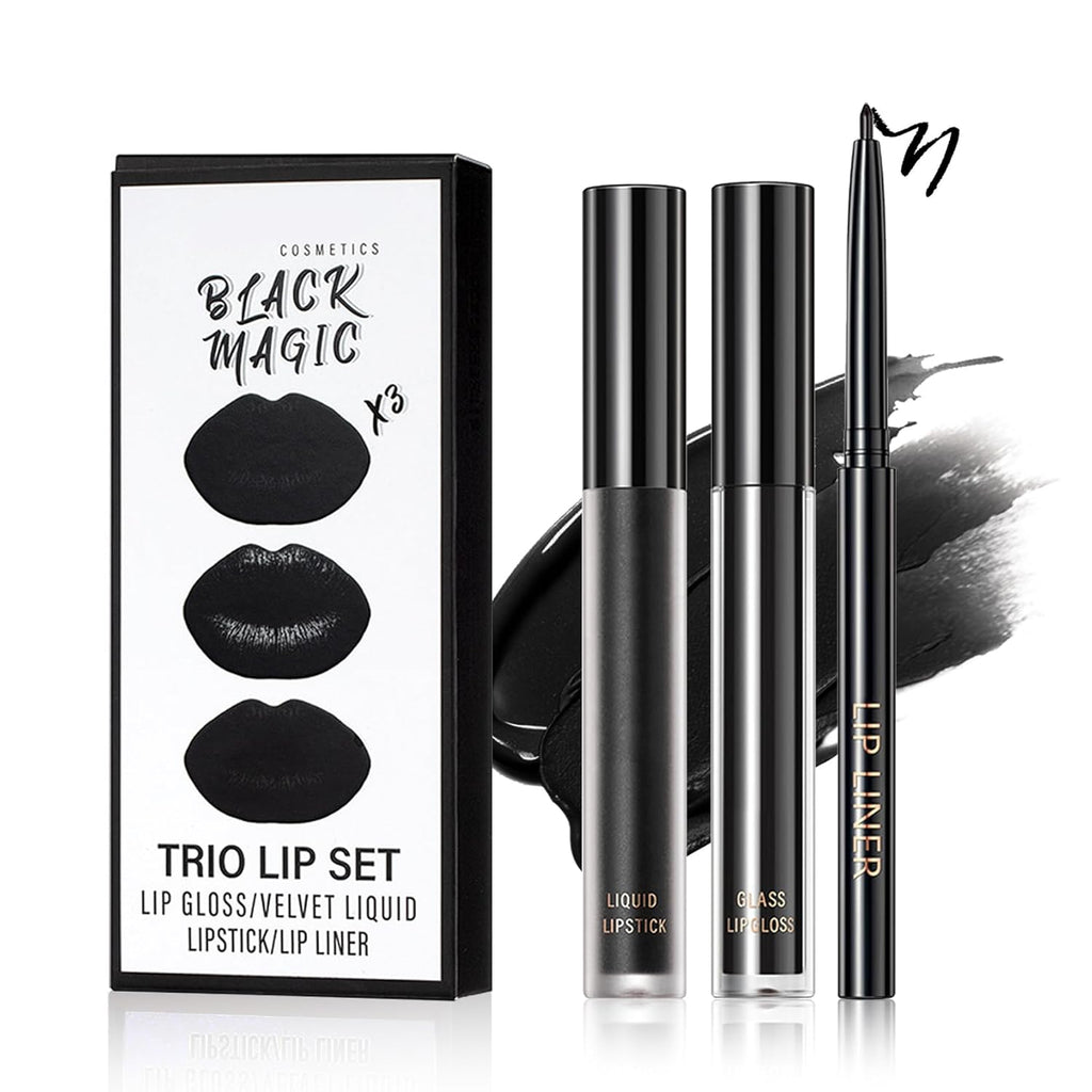 3 in 1 Black Lip Liner Pencil and Lipstick lipgloss Set Matte Black Lipstick Lip Gloss Kit Long-lasting Nonstick Cup Smudge Proof Lip Kits with Lip Liner,Velvet Goth Makeup (12#Black Magic)