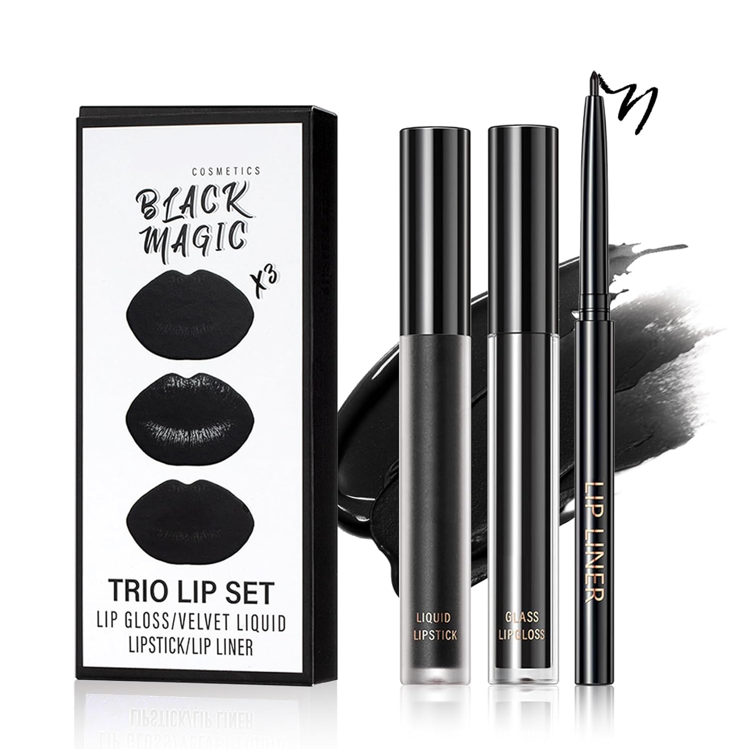 3 in 1 Black Lip Liner Pencil and Lipstick lipgloss Set Matte Black Lipstick Lip Gloss Kit Long-lasting Nonstick Cup Smudge Proof Lip Kits with Lip Liner,Velvet Goth Makeup (12#Black Magic)