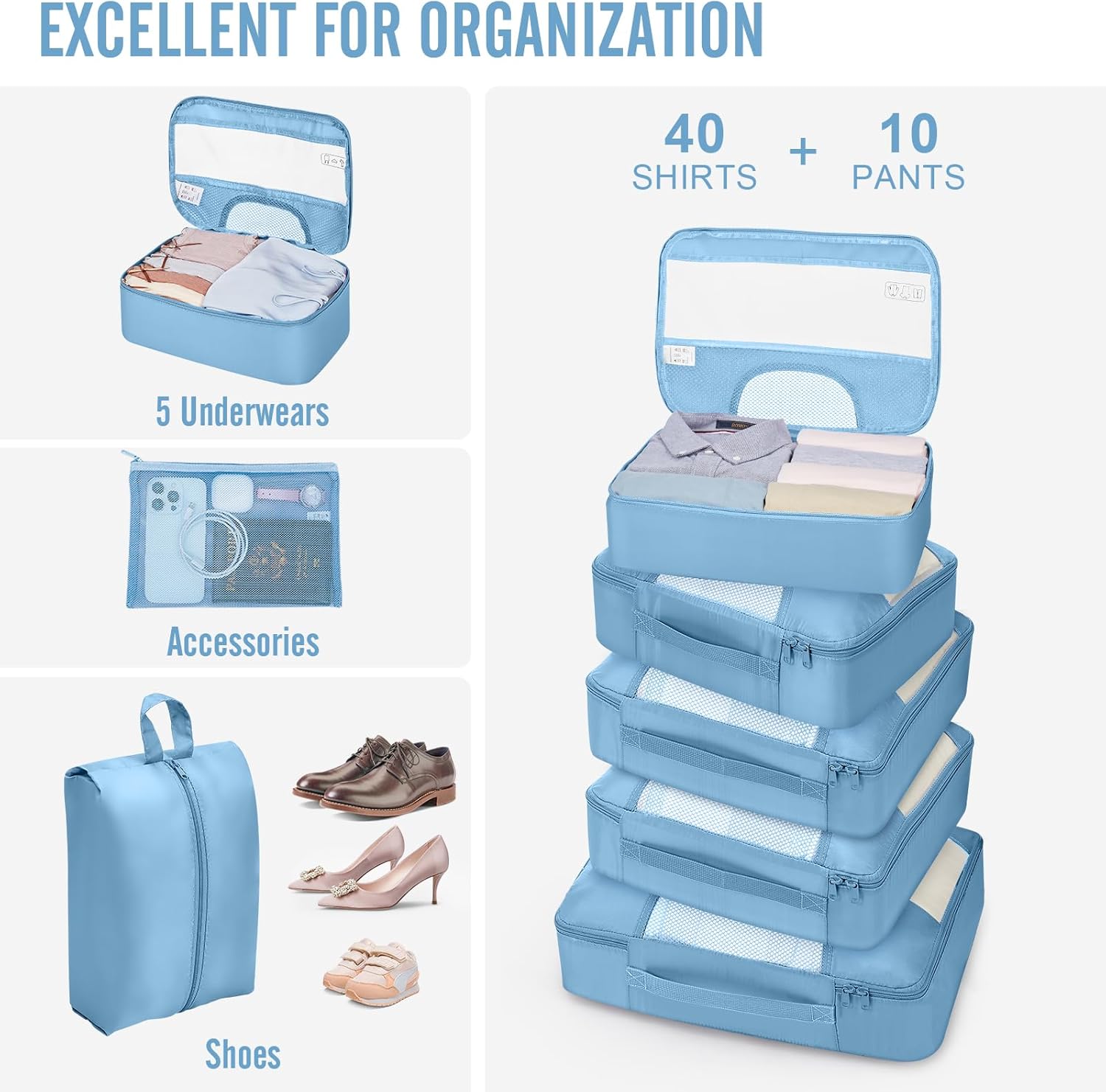 Veken 10 Set Packing Cubes for Travel Essential, Suitcase Organizer Bags in 4 Sizes, Carry-On Luggage Accessories with Large Laundry & Hanging Toiletry Bag, Must-Have for Airplane, Road Trip & Camping