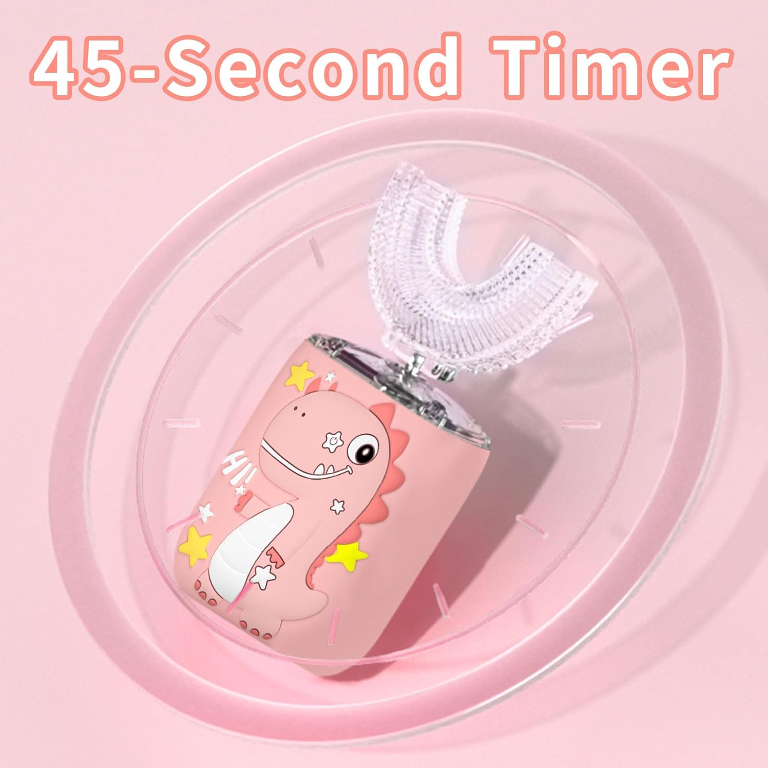 Kids Electric U Shaped Toothbrush,Kids Dinosaur Sonic Full Mouth Toothbrush with 4 Soft Brush Head Automatic 6 Cleaning Modes IPX7 Waterproof 360 Degree Cleaning - Age2-7 Pink