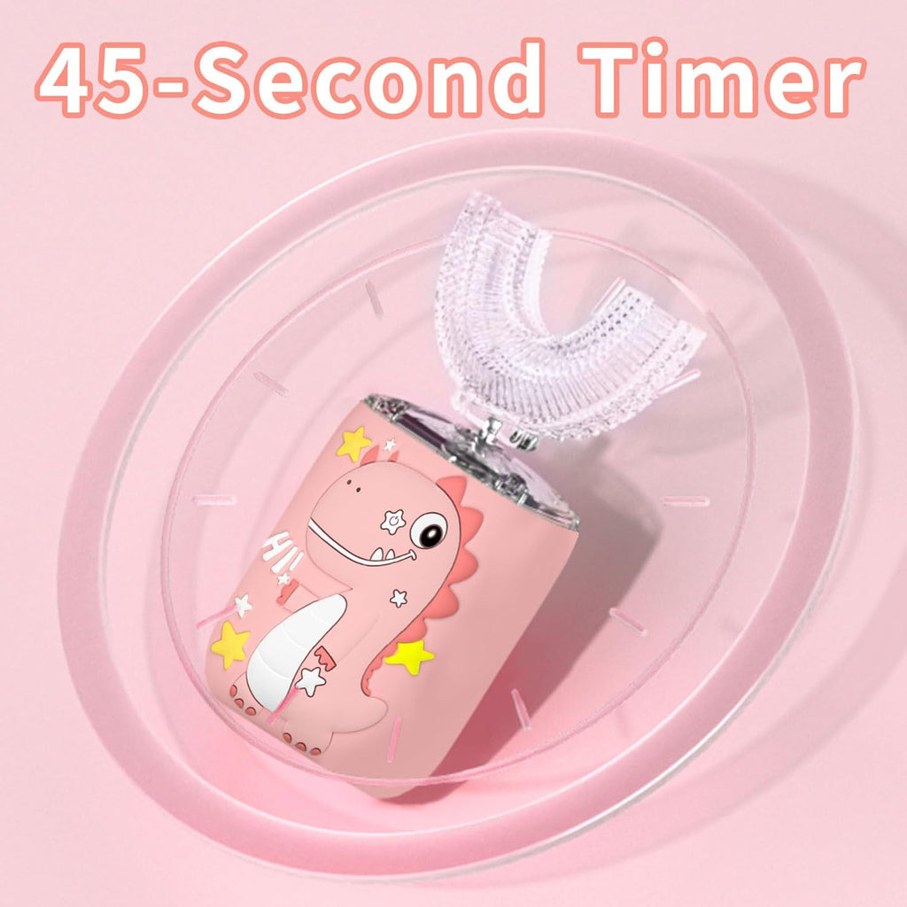 Kids Electric U Shaped Toothbrush,Kids Dinosaur Sonic Full Mouth Toothbrush with 4 Soft Brush Head Automatic 6 Cleaning Modes IPX7 Waterproof 360 Degree Cleaning - Age8-15 Pink
