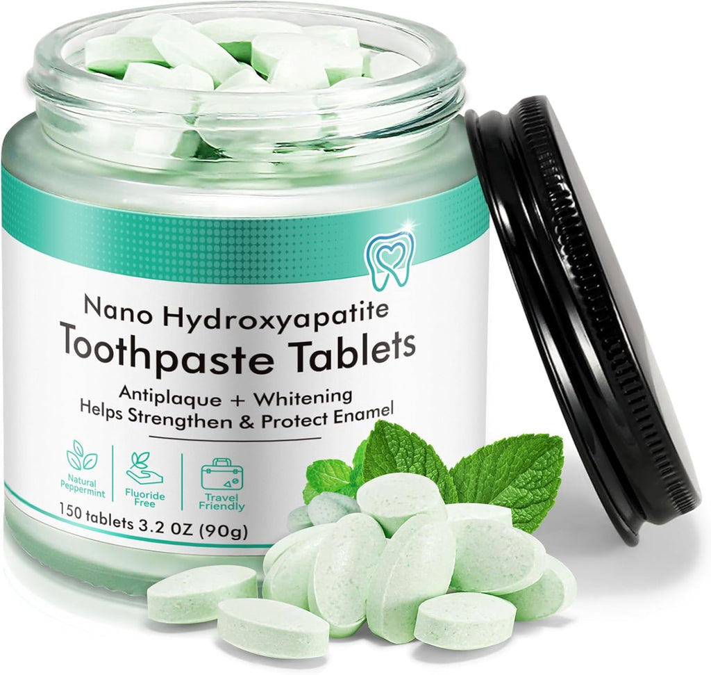 Toothpaste Tablets 150pcs Chewable Whitening - Nano Hydroxyapatite Toothpaste for Sensitive Teeth & Antiplaque -, Natural Peppermint, Fluoride Free - Strengthen & Protect Enamel - Fresh Breath