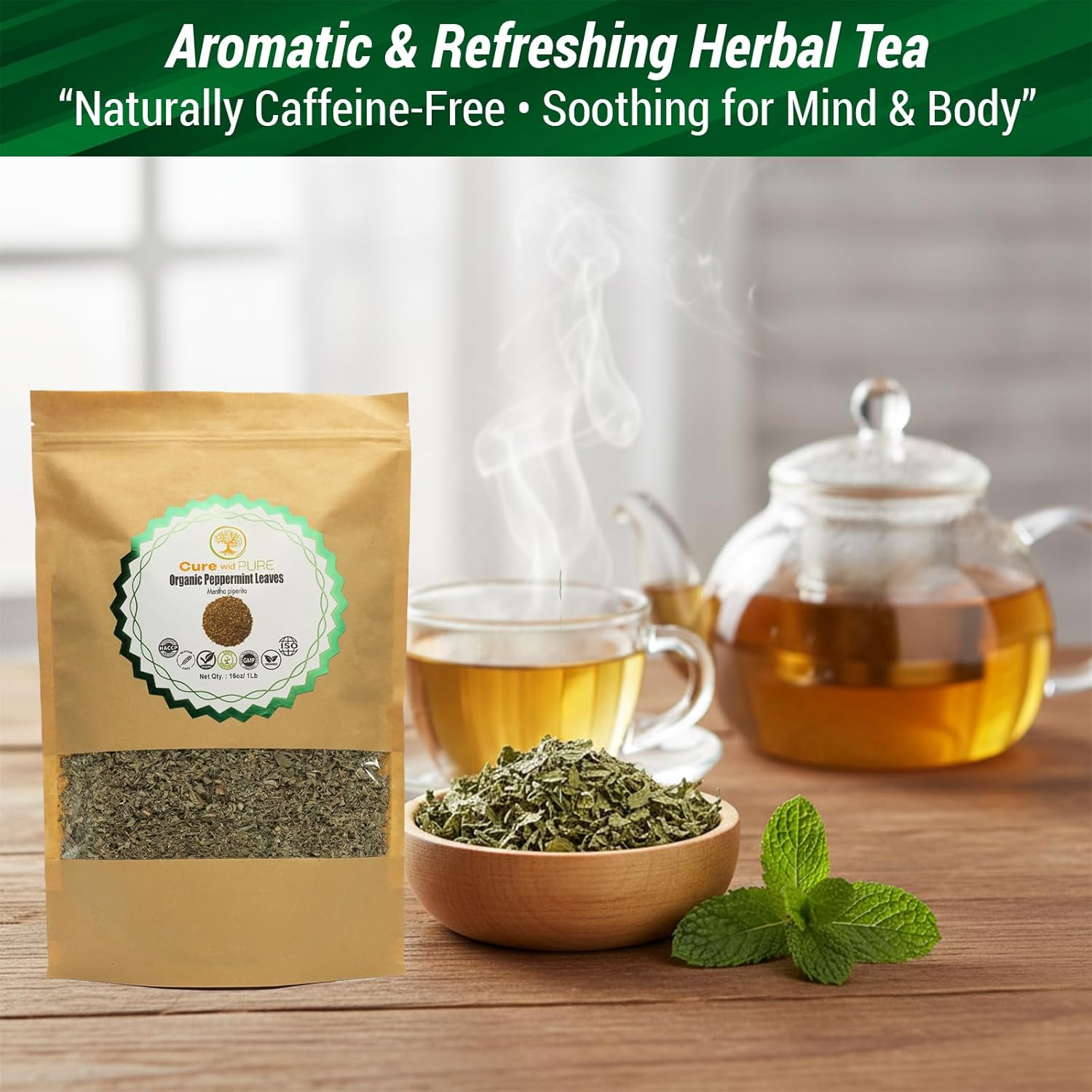 Cure Wid Pure Dried Peppermint Leaves 1lb Cut & Sifted Organic Peppermint Tea Loose Leaves,Fresh & Fragrant Mint Tea Non-Irradiated Caffeine-Free Herbal Tea - Eco-Friendly Resealable Pack te de menta