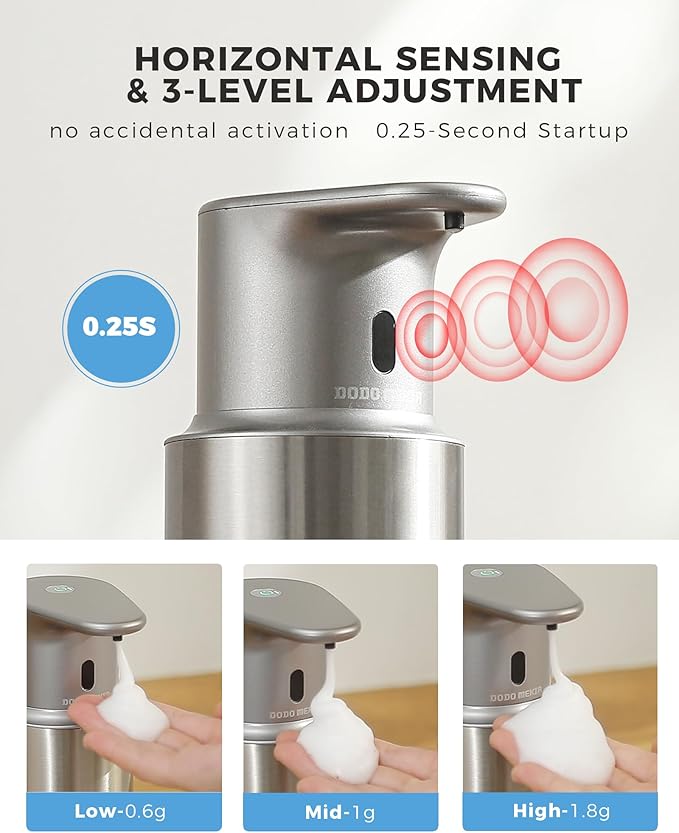 Automatic Foaming Soap Dispenser Touchless, 16.2oz/480ml Rechargeable, 3 Adjustable Liquid Levels, IPX7 Waterproof, for Kitchen Bathroom, Stainless Steel