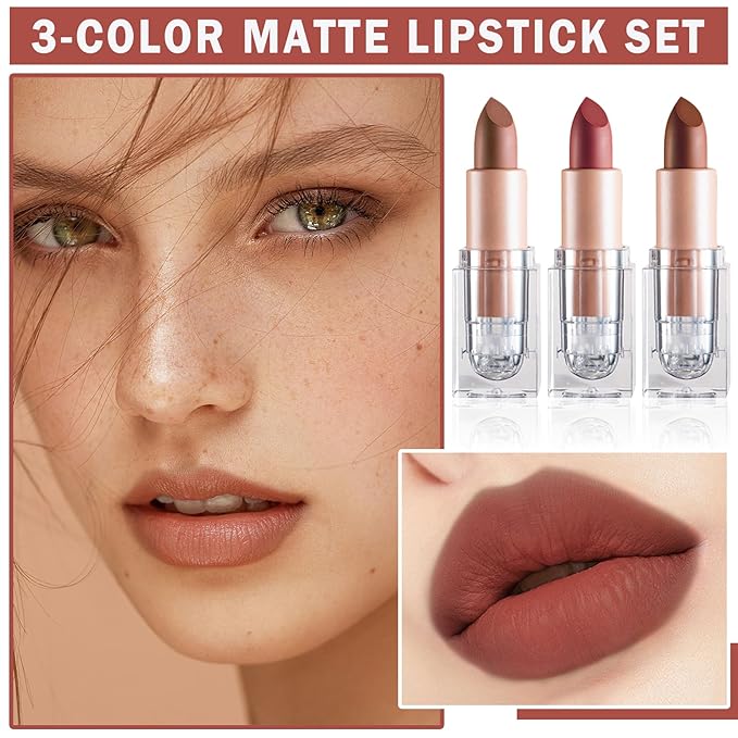 3PCS Matte Nude Lipstick Set Velvet Lip Gloss Non-Fading Non-Sticky Cup Nude Lipstick Matte Lip Stain Long Lasting Waterproof Lipstick for Women Girls Daily Lip Makeup - Set D