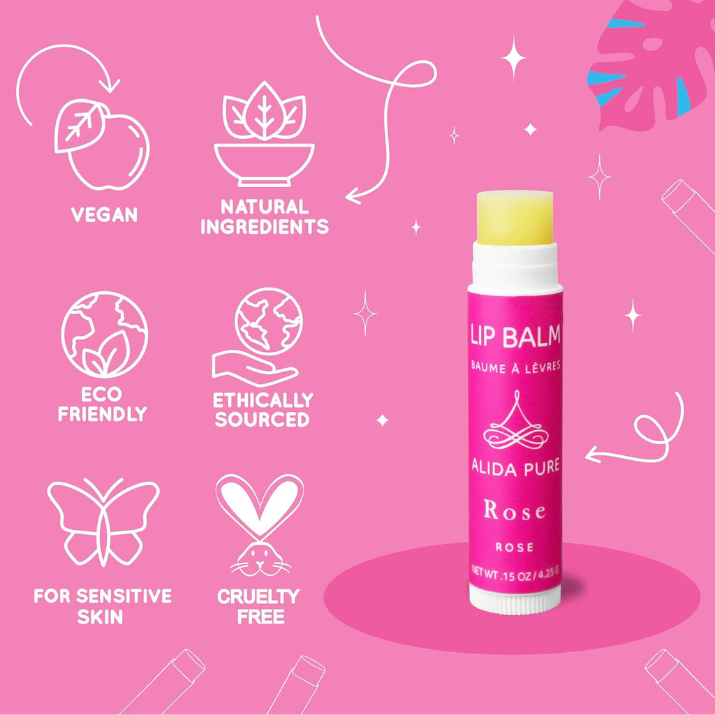 Rose Lip Balm Collection, Vegan Set, Beeswax Free, with Organic Jojoba and Avocado Oil, Vitamin E, Natural Moisturizer for Dry, Chapped Lips, 3 Tube Set