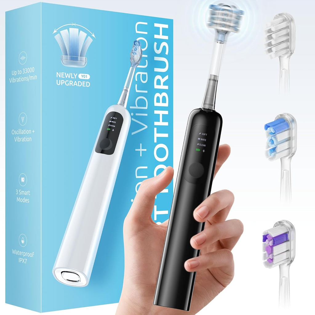 SYNHOPE 60° Oscillating Sonic Toothbrush - 33K RPM Power Clean, Unique 60° Swing Amplitude, 3 Brush Heads, IPX7 Waterproof - Teeth Whitening & Gum Health Boost
