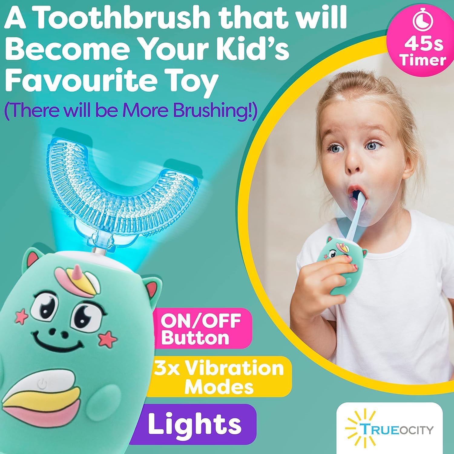 Trueocity Kids U Shape Toothbrush Auto Electric Toddler Rechargeable Kids Automatic Toothbrush | 360° U-Shaped Silicone Brush Head | Gentle Cleaning for Ages 2–7 2–7 | Unicorn Design (Turquoise)