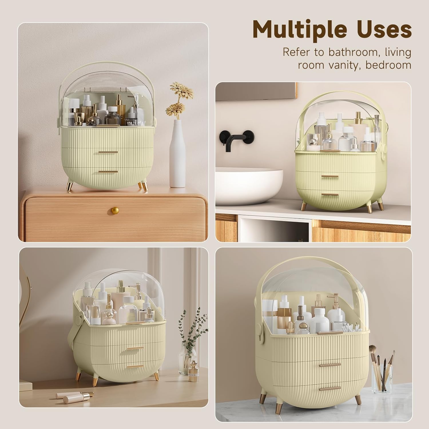 Makeup Organizers, Make Up Organizer for Vanity, Countertop Cosmetic Storage with Drawers and Transparent Cover for Bedroom Bathroom, Maize-yellow