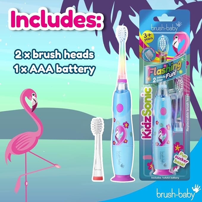 brush-baby - KidzSonic Flamingo Kids Electric Toothbrush for Ages 3+ with Disco LED Lights, Gentle Sonic Vibrations, 2-Minute Smart Timer & 30‑Second Pulse Reminders – AAA Battery Included