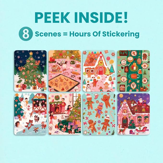 CUPKIN Holly Jolly Holiday Stickers for Kids Toddler Sticker Book, Santa Christmas Activity Book, Toddler Travel Essentials, 300+ Christmas Stickers + 8 Sticker Scenes and Coloring Pages, Ages 2+