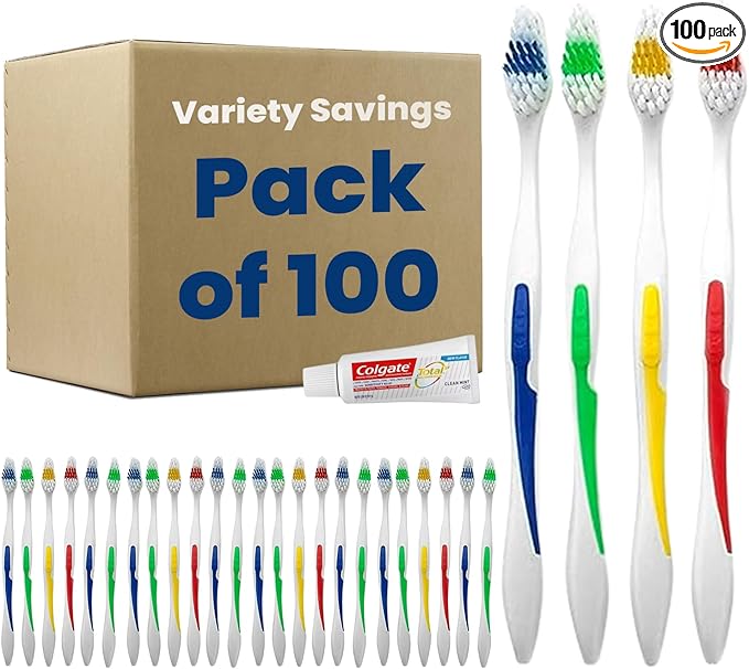 100 Toothbrushes Bulk Wholesale Quantity Standard Size, Dental Care Toiletries, Medium Soft Bristles, Individually Wrapped, Homeless Care, Disposable Use, Hotels, Travel