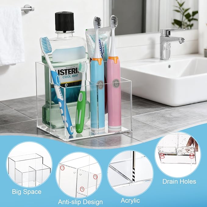 Toothbrush Holder, Clear Acrylic Toothbrush Holders for Bathrooms, Large Capacity Electric Toothbrush and Toothpaste Holder for Bathroom Countertop
