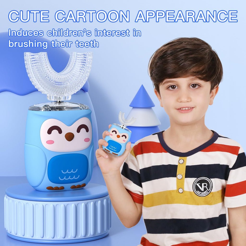 Kids Electric U Shaped Toothbrush Kids Sonic Toothbrush with 4 Soft Brush Head Automatic Full Mouth 6 Cleaning Mode-(Age8-15 Blue)