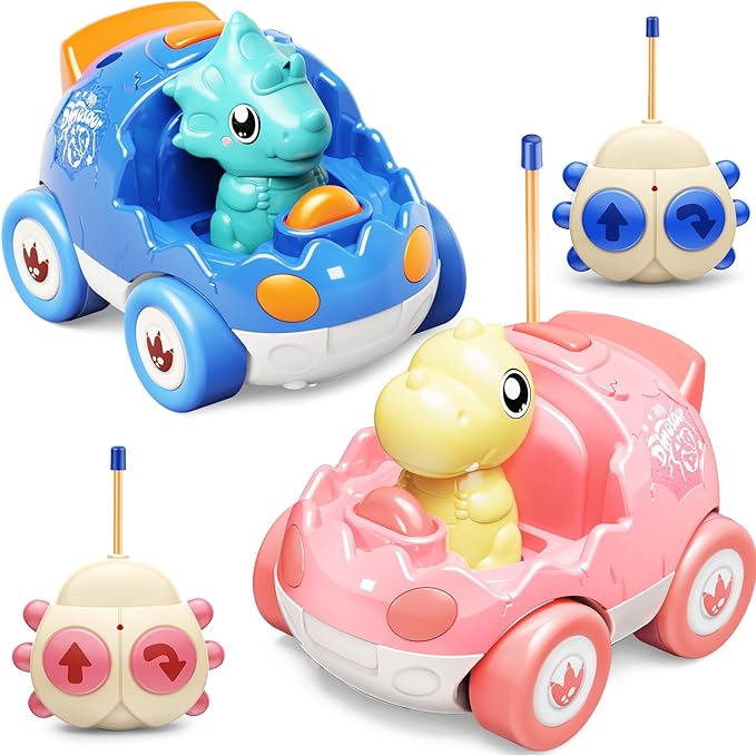 2 Pack Pink Dinosaur Remote Control Car Toys, Christmas Birthday Gifts for Girls 2 3 4 5 Years Old, Dino RC Car with Music and Light, Toddlers Toys for Kids 2-5 Year Old,(Pink Blue)